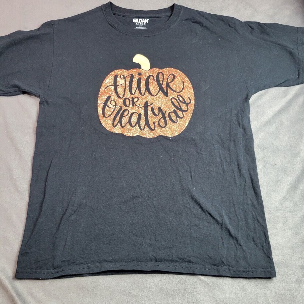 Halloween Shirt Girls Boys XL Black Trick Or Treat Glitter Pumpkin Short‎ Sleeve
